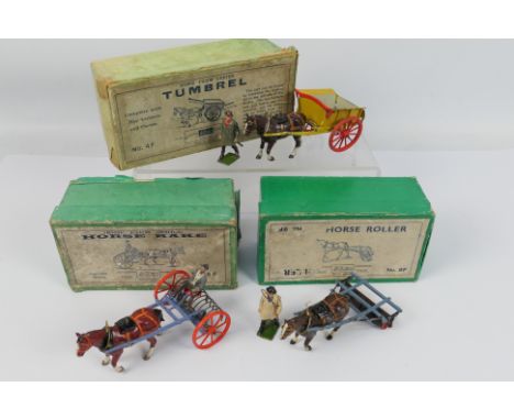 Britains - 3 x boxed Home Farm Series models, Tumbrel # 4F, Horse Rake # 8F and Horse Roller # 9F. The items all show signs o
