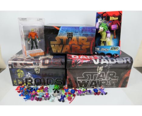 Two boxed action figures in various scales, with a trio of Star Wars' themed storgae boxes; plus a loose collection of Imagin