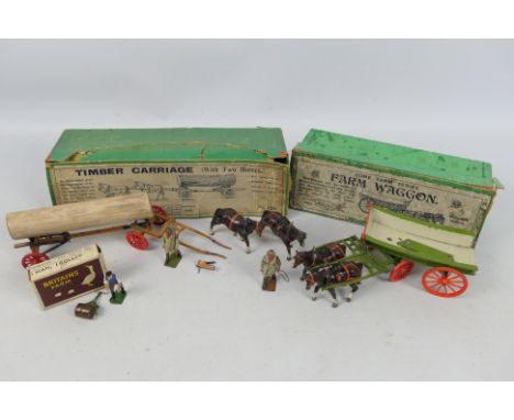 Britains - 3 x boxed models, Farm Waggon # 5F with Farmer figure, Timber Carriage with two horses # 12F and a Man with Roller