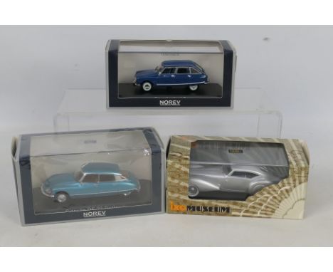 Norev - Ixo - 3 x boxed French cars in 1:43 scale, 1937 Delage D8 120S Aero Coupe # MUS054, a 1969 Citroen Ami 8 in Danube Bl