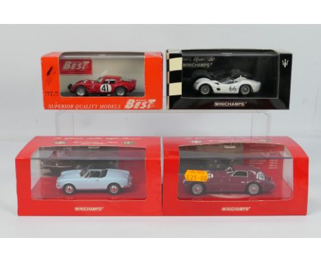 Minichamps - Model Best - 4 x boxed Italian sports cars in 1:43 scale, a 1963 Alfa Romeo Giulia Spider in light blue # 120730