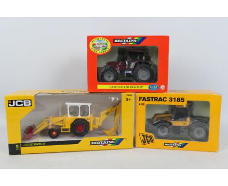 Britains - 3 x boxed models in 1:32 scale, JCB Fastrac 3185, JCB 3C Mark II and Case CVX 170. All the models appear Mint in G