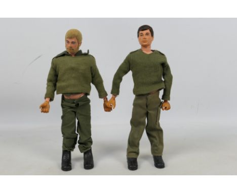 Palitoy - Action Man - Two flock haired, unboxed vintage Action Man figures. Figures both feature gripping hands and are mark