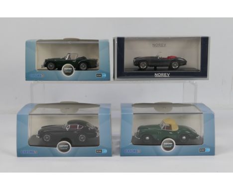 Norev - Oxford - 4 x boxed British sports cars in 1:43 scale, a 1957 A.C. Ace in metallic grey # 270353, Jowett Jupiter SA in