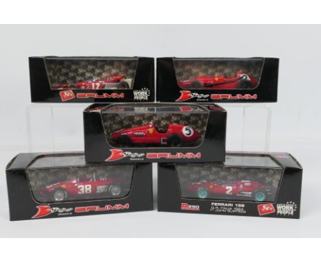 Brumm - 5 x boxed Ferrari racing cars in 1:43 scale, 1952 500F2 British Grand Prix # R044, 1958 D246 GB GP # R068, 1961 156 M