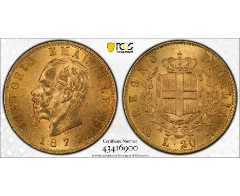 ITALY. Vittorio Emanuele II (1861-1878). Gold 20 lire, 1873 M BN. Milan. Head of Vittorio Emanuele facing left; inscription: 