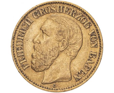 GERMANY. BADEN. Gold 10 mark, 1876 G. Friedrich I. Bust facing left; FRIEDRICH GROSHERZOG VON BADEN G / Crowned imperial eagl
