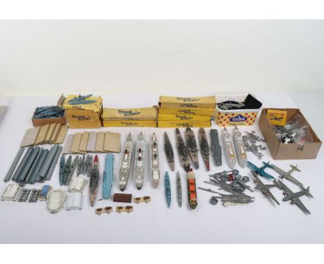 Collection of Tri-Ang Mimic Models scale 1:1200. Including loose HMS Battleships, Quay Straights, Waterline Models boxed, Bre