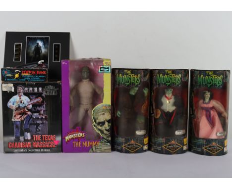 Collection of Horror Toys and Action Figures Boxed. Including Coffin Bank, Cinema Screams The Texas Chainsaw Massacre Leather