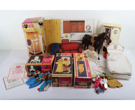 Collection of Vintage Sindy Dolls and Playsets by Pedigree. Including Bath Boxed, Dressing Table and Stool boxed, Shower Boxe