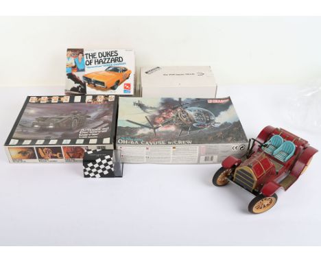 Collection of Tin Plate car and Model Kits. Including new in box Danbury Mint The 1949 Jaguar XK120, The Dukes of Hazzard Gen