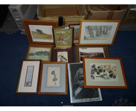 A quantity of Prints and Etchings to include 'Middle Spotted Woodpecker' engraving from the work of E. Donovan, watercolour o