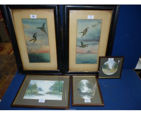 Two Victorian Watercolours by I. Monk, one a/f. and three framed and glazed Anthony Walker lithograph prints.