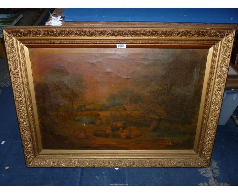A gilt framed Oleograph on canvas depicting a shepherd and family at rest as the sheep lay in the field with ducks dabbled by