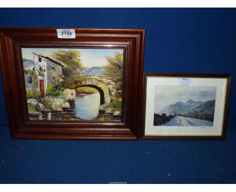 An Oil on canvas depicting a continental river landscape with a stone bridge and homestead, indistinctly signed lower right, 