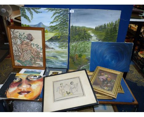 A collection of Oil paintings, prints and a tapestry.