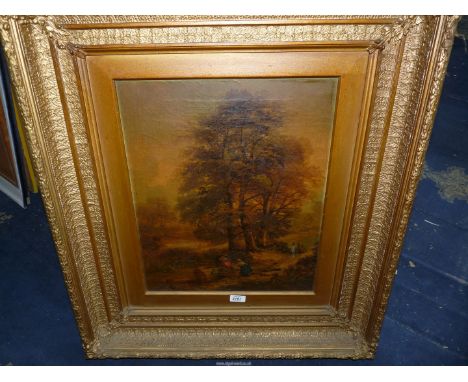 A heavy ornate gilt framed Oil on canvas depicting a woodland scene with two young girls seated by a tree trunk holding a pos