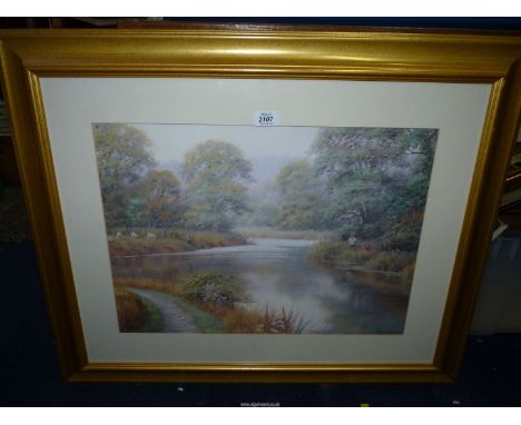 A large framed Spencer Coleman depicting a River landscape with a fisherman on one bank and grazing sheep on the other, 32 3/