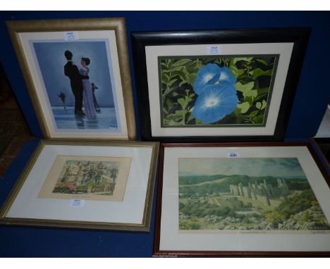 A signed Bob Cargegie Print 'Caernarfon Castle'. a floral watercolour initialed E.W. and a print of South Battery Charleston,