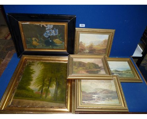 An Oil on canvas of still life (a/.) by I Monk, an over-varnished print of a Cottage with sea view, initialed C.H. lower left