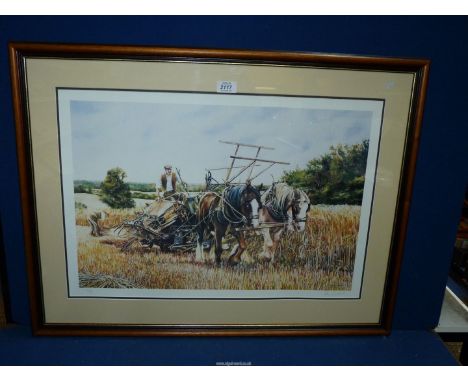 A framed and mounted Print no 95/500 titled 'Binding the Wheat', signed in pencil in margin Peter Goodhall, 31 3/4" x 24 1/4"