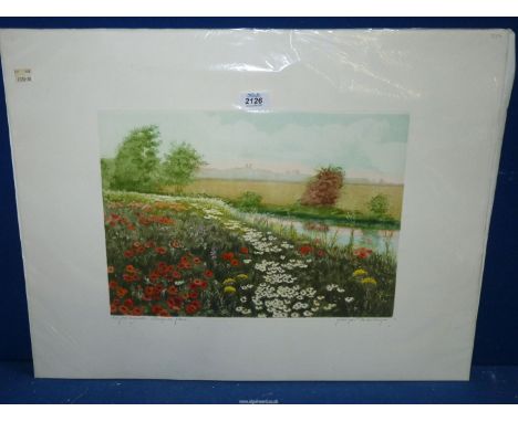 An unframed Print titled 'Champs de fleurs', signed De Courtray, 25 3/4" x 20".