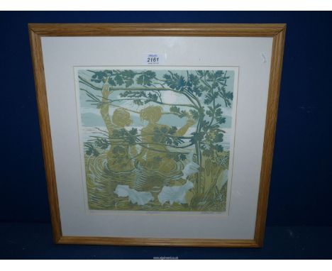 A framed and mounted limited edition Lino cut print no 5/20, titled 'Daughters', signed lower right J.P. Homewood, dated 2016