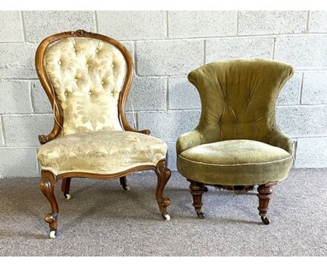 A Victorian spoon-backed and upholstered nursing chair, circa 1870; and a small Victorian button upholstered nursing chair, c
