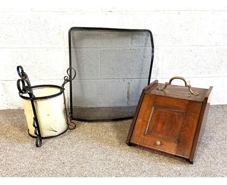 A vintage mahogany coal box, early 20th century; together with a spark guard and a hanging hall lantern (3)