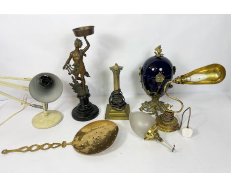 A Victorian brass chestnut spoon; together with miscellaneous items, including a 19th century spelter and porcelain caddy; a 