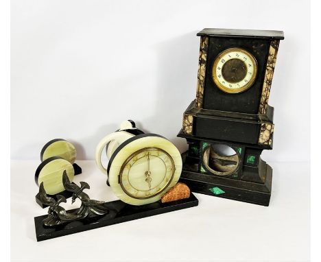 An Art Deco style green onyx and stone mantel clock, with two decorative birds in flight; also a Victorian slate and marble m