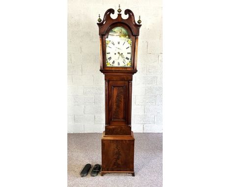 A Victorian longcase clock, 19th century, with a painted arched dial, roman numerals, subsidiary seconds and date dials, two 