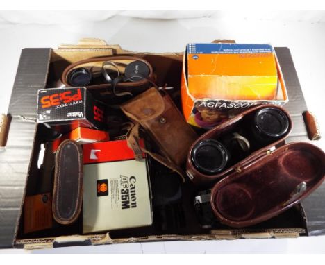 Photographic equipment - a box containing a mixed lot of vintage cameras, equipment, binoculars to include a pair CARLZEISS J