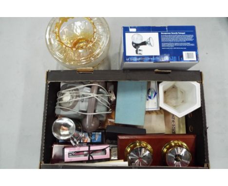A good mixed lot to include ceramics, plated ware, glass, ceiling light shade, vintage telephone, flatware, twin spot outdoor
