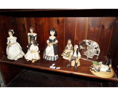 Seven hand made ceramic figurines, a paperweight by The Bradford Exchange entitled Waking Beauty #A3586 (qty)
