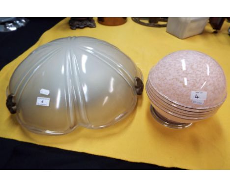 A large moulded glass ceiling dome light 47 cm diameter and a further glass circular ceiling light with speckled pink decorat