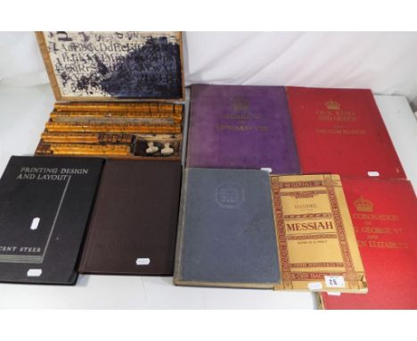 A cased set of vintage wooden printing blocks, printing related literature and similar (8). Estimate £20 - £40