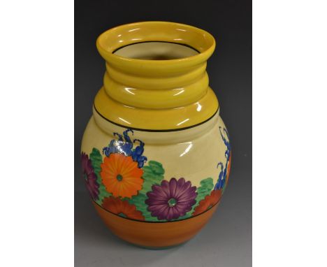 A Bizarre Clarice Cliff Gayday pattern ovoid vase, the ribbed neck applied in yellow above a deep frieze, painted in bright e