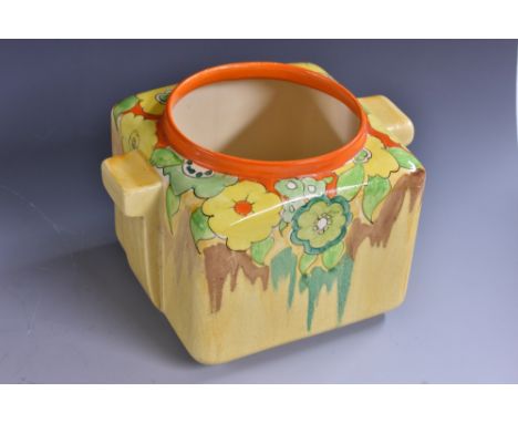 A Clarice Cliff Bizarre Jonquil pattern two handled squat square sided vase, shape number 422, painted with bright colourful 