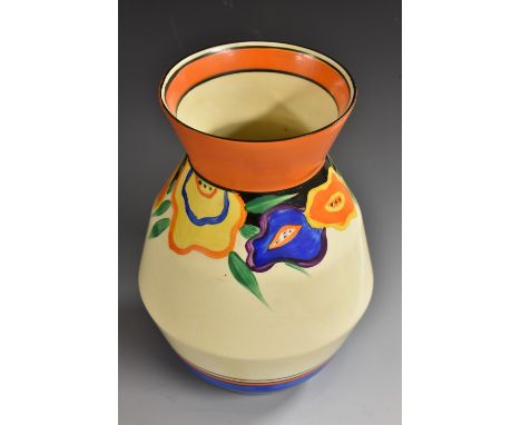 A Clarice Cliff  Fantasque Garland pattern ovoid vase, shape number 360, the flared everted neck banded in orange and black, 