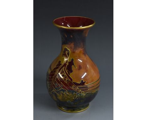 A Bernard Moore Viking vase,  decorated with a Viking Long boat on  rough seas in tonal lustre glazes with applied enamel and