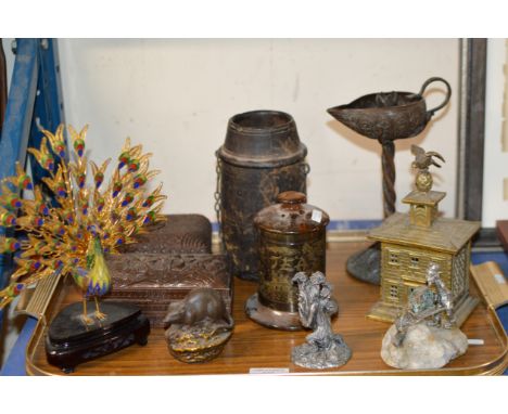 TRAY WITH DECORATIVE BOXES, ORIENTAL STYLE TEA CADDY, RAT DISPLAY, WHITE METAL ORNAMENTS, NOVELTY BRASS BANK DISPLAY ETC     