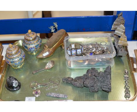 TRAY WITH LARGE SHOE PIN CUSHION, WHITE METAL JUNK BOAT DISPLAY, PAIR OF CLOISONNÉ LIDDED JARS, VICTORIAN LONDON SILVER CADDY