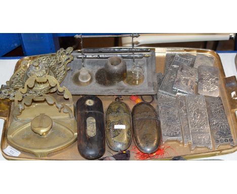 TRAY CONTAINING VARIOUS DESK STANDS, MODERN JAPANESE STYLE INROS, CHINESE SILVER-PLATED SCROLL WEIGHTS ETC     