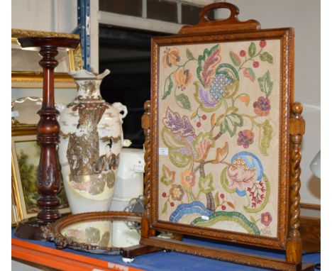 TAPESTRY FIRE SCREEN, WALL MIRROR &amp; MAHOGANY PLANT STAND     