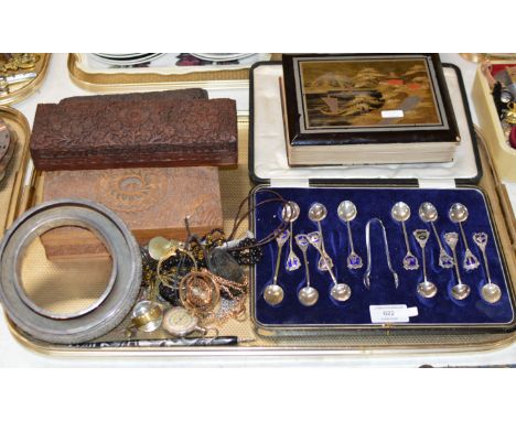 TRAY CONTAINING DECORATIVE WOODEN BOXES, EASTERN WHITE METAL DISH, ACME WHISTLE, COMPASS, ORIENTAL STYLE PICTURE BOOK, CASED 