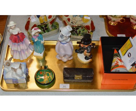 TRAY WITH SILVER MOUNTED PURSE, NAO BUNNY ORNAMENT, NAO FIGURINE, 2 ROYAL DOULTON FIGURINES, REPRODUCTION CLARICE CLIFF SUGAR