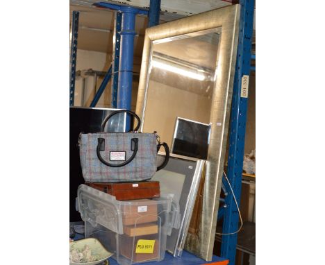 HARRIS TWEED HANDBAG, VARIOUS CAMERA ACCESSORIES, PAIR OF FRAMED PICTURES &amp; WALL MIRROR     