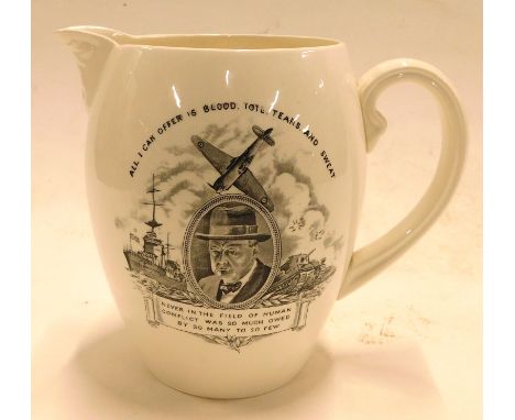 A Copeland Spode commemorative jug, with black transfer decoration depicting Winston Churchill, No 833714, with quote, and Br