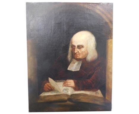 18thC English School. Portrait of a clergyman reading, quarter profile, oil on canvas, unsigned, 71cm x 55cm.